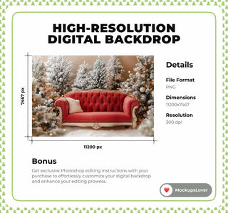 Vintage Christmas Digital Photography Background, Holiday Backdrop, Red Sofa, Studio Kids Photo Prop, Photoshop Composite, Winter Wonderland