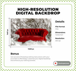 Christmas Digital Backdrop, White Studio Photo Background, Red Sofa, Holiday Kids Prop, Winter Wonderland, Photoshop & Canva Template