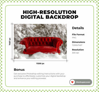 Christmas Digital Backdrop, White Studio Photo Background, Red Sofa, Holiday Kids Prop, Winter Wonderland, Photoshop & Canva Template