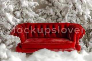 Christmas Digital Backdrop, White Studio Photo Background, Red Sofa, Holiday Kids Prop, Winter Wonderland, Photoshop & Canva Template