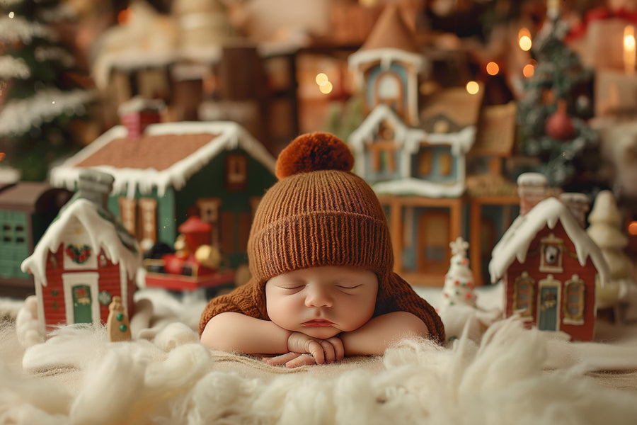 christmas village scene with gingerbread house, ideal for holiday baby photos, face swap, and photoshop overlays