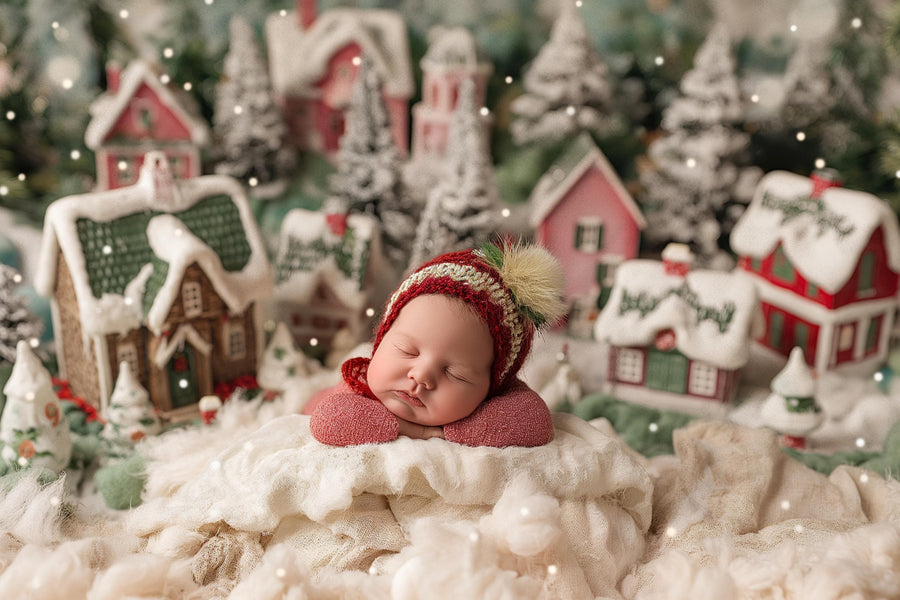 baby face swap overlay with christmas village background, ideal for holiday photo props