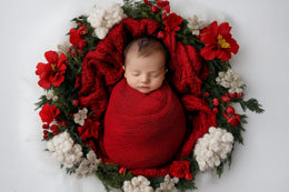 baby with face swap overlay, festive christmas background, holiday portrait scene