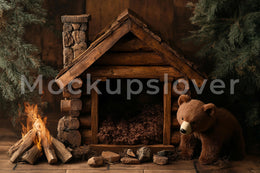 Newborn Digital Backdrop, Fantasy Forest, Rustic Photo Background, Woodland Baby Studio Prop, Brown Bear, Photoshop Template
