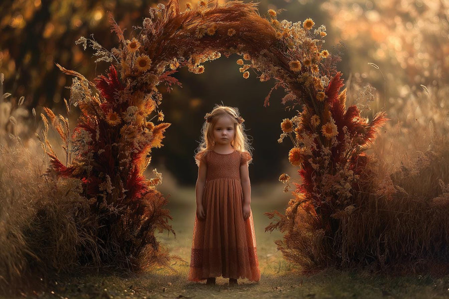 autumn leaves archway backdrop for maternity, wedding, and kids photos, digital boho scene