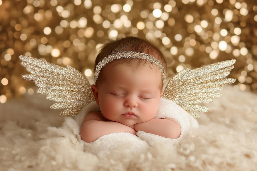newborn baby with angel wings and glitter backdrop, perfect for holiday photography and face swap overlays