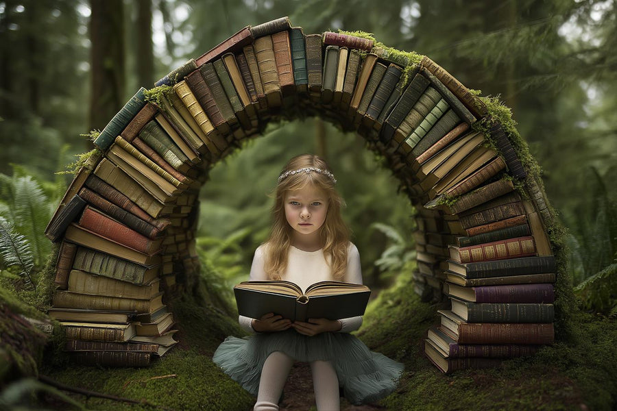old books arch backdrop in a fantasy forest for back to school digital photography