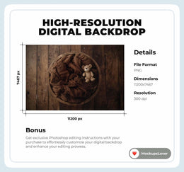 Newborn Digital Photography Background, Rustic Wood Bowl Nest, Teddy Bear Backdrop, Studio Baby Girl Boy Photo Prop, Photoshop Composite