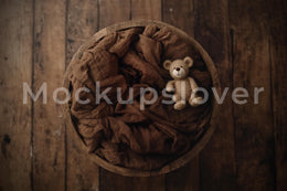 Newborn Digital Photography Background, Rustic Wood Bowl Nest, Teddy Bear Backdrop, Studio Baby Girl Boy Photo Prop, Photoshop Composite