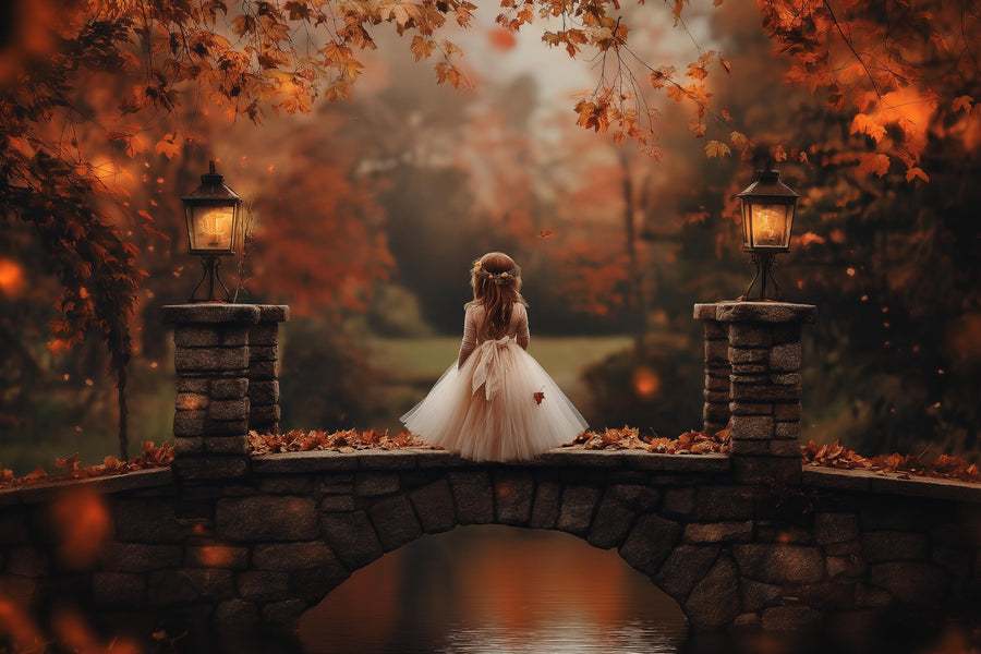 autumn forest scene with bridge, lanterns, and fall leaves, ideal for family and kids photo sessions