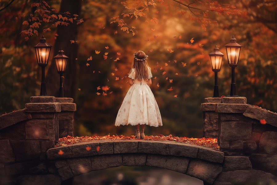 family portrait scene with autumn bridge and fall leaves, suitable for digital backdrop and photography prop