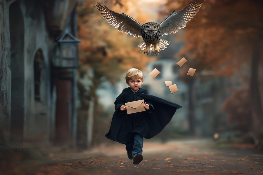 children outdoor portrait with owl in enchanted village backdrop, halloween theme, digital download