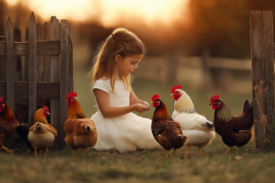 autumn rustic digital background with farm, hens, gate, ideal for fall kids outdoor portraits and creative photography