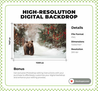 Christmas  Digital Photography Background, Winter Wonderland Creatures Backdrop, Bear, Holiday Rustic Kids Photo Prop, Photoshop Template