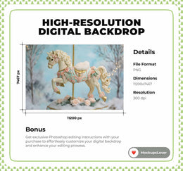 Newborn Christmas Digital Backdrop, Carousel Horses Photo Background, Holiday Baby Prop, Winter Rocking Horse, Photoshop & Canva Template