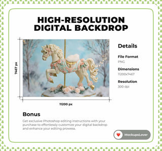 Newborn Christmas Digital Backdrop, Carousel Horses Photo Background, Holiday Baby Prop, Winter Rocking Horse, Photoshop & Canva Template