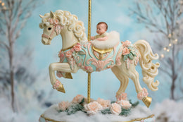 digital backdrop featuring a festive christmas scene with carousel horses, ideal for newborn holiday photo shoots