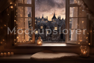 Christmas Window Digital Photography Background, Rustic Farmhouse Backdrop, Holiday Kids Photo Prop, Winter Wonderland, Photoshop Template