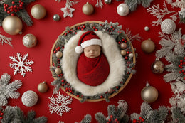 baby with red christmas backdrop, holiday newborn photo prop, winter scene, studio or outdoor setting