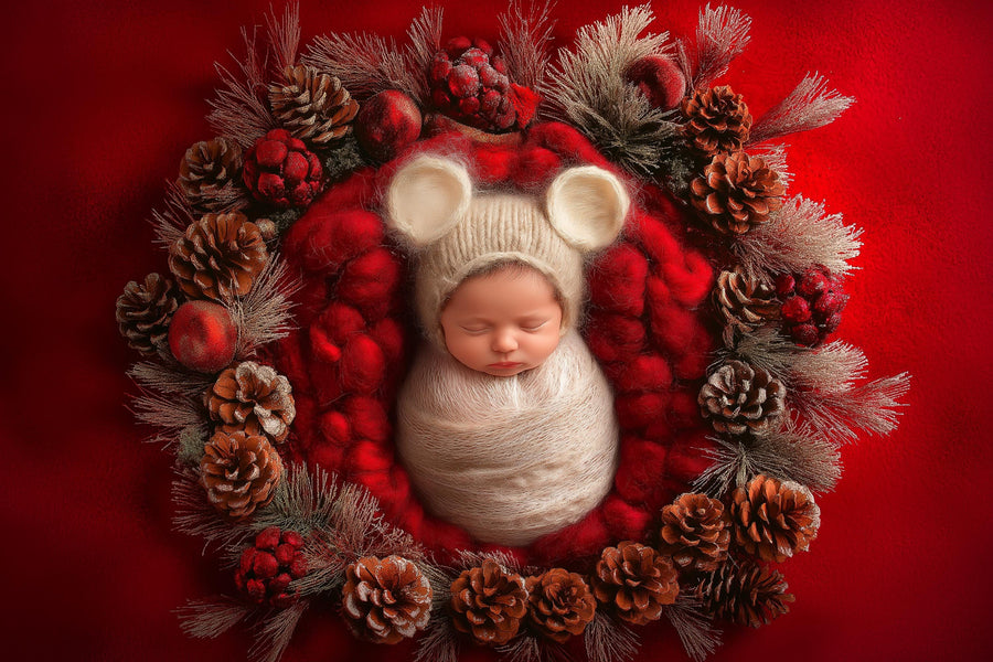 baby with teddy bear in christmas digital backdrop, festive newborn photo, holiday studio background