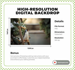 Farm Christmas Digital Backdrop, Penguin Photo Background, Woodland Baby Animals, Holiday Kids Prop, Photoshop & Canva Template