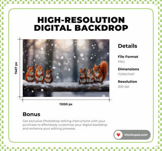 Winder Woodland Squirrels Digital Backdrop, Christmas Animals Photo Background, Holiday Forest Kids Prop, Photoshop & Canva Template