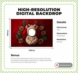 Christmas Newborn Digital Photography Background, Holiday Backdrop, Reindeer Face Swap Overlay, Baby Winter Photo Prop, Photoshop Template