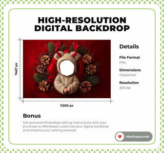 Christmas Newborn Digital Photography Background, Holiday Backdrop, Reindeer Face Swap Overlay, Baby Winter Photo Prop, Photoshop Template