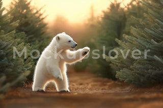 Christmas Tree Farm Digital Backdrop, Polar Bear, Woodland Animals Photo Background, Kids Holiday Prop, Photoshop & Canva Template