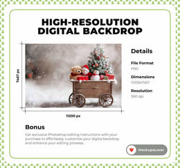 Rustic Christmas Digital Backdrop, Winter Wonderland Photo Background, Farm Cart, Holiday Kids Portrait Prop, Photoshop & Canva Template