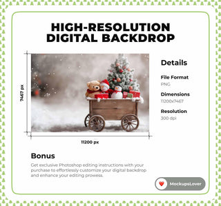 Rustic Christmas Digital Backdrop, Winter Wonderland Photo Background, Farm Cart, Holiday Kids Portrait Prop, Photoshop & Canva Template