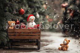 Christmas Wagon Digital Photography Background, Winter Wonderland, Snowman Backdrop, Holiday Kids Photo Prop, Photoshop Template, Teddy Bear