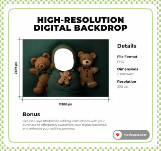 Christmas Newborn Digital Photography Background, Face Swap Overlay, Holiday Gingerbread Backdrop, Baby Prop, Teddy Bear, Photoshop Template