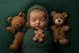 baby with teddy bear in front of christmas backdrop, holiday photo prop, face swap overlay, photoshop template
