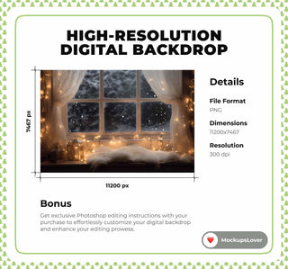 Christmas Window Digital Photography Background, Winter Wonderland, Twinkle Lights, Holiday Kids Prop, Photoshop Template, Lantern Backdrop