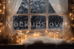 Christmas Window Digital Photography Background, Winter Wonderland, Twinkle Lights, Holiday Kids Prop, Photoshop Template, Lantern Backdrop