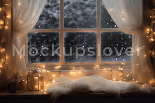 Christmas Window Digital Photography Background, Winter Wonderland, Twinkle Lights, Holiday Kids Prop, Photoshop Template, Lantern Backdrop