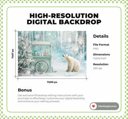 Nordic Christmas Digital Backdrop, Polar Bear Photo Background, North Pole, Winter Wonderland, Holiday Kids Prop, Photoshop & Canva Template