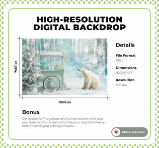 Nordic Christmas Digital Backdrop, Polar Bear Photo Background, North Pole, Winter Wonderland, Holiday Kids Prop, Photoshop & Canva Template