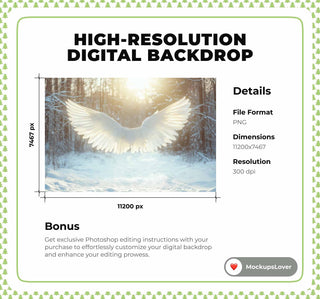 Angel Wings Digital Photography Background, Christmas Backdrop, Winter Fantasy Forest, Holiday Prop, Photoshop Template, Winter Wonderland