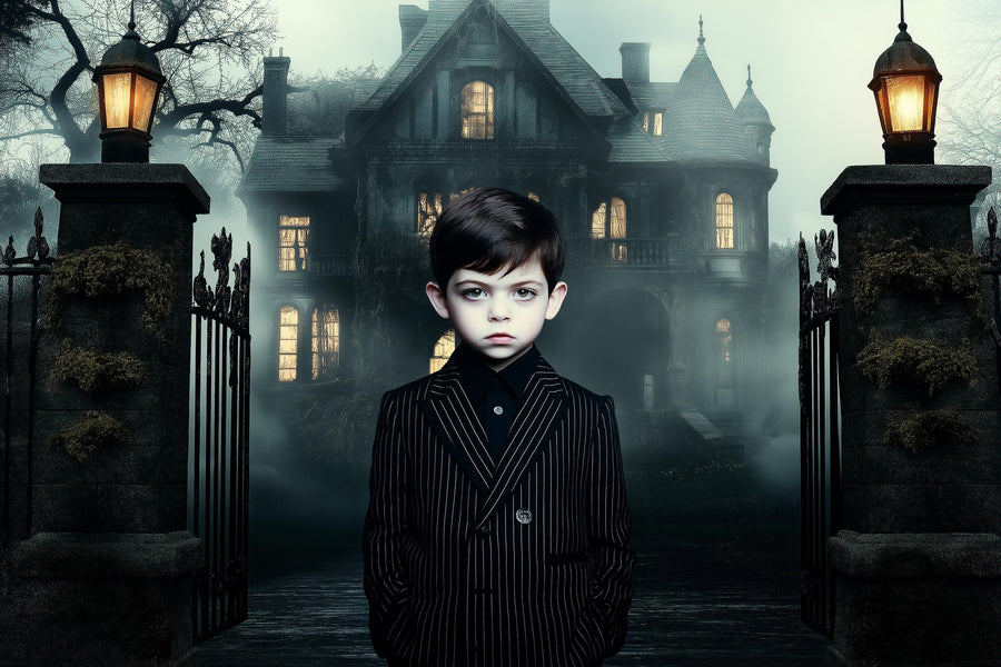 scene of a spooky haunted mansion backdrop for halloween photography, featuring gothic elements and addams family theme