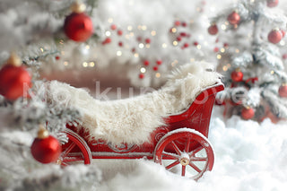 White Christmas Studio Newborn Digital Backdrop, Holiday Baby Prop, Winter Wonderland Photo Background, Red Wagon, Photoshop Canva Template