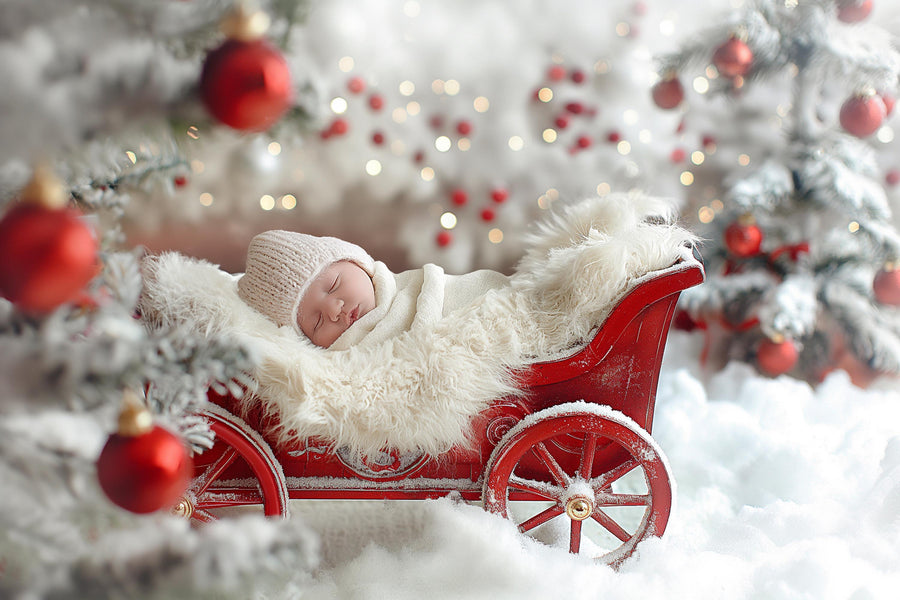 newborn baby in a red wagon on a winter wonderland background, holiday scene, festive photo backdrop