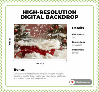 Christmas Newborn Digital Backdrop, Winter Wonderland Photo Background, Red Wagon, Baby Girl & Boy Holiday Portrait Prop, Photoshop Template