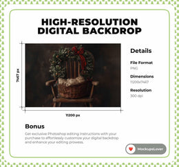 Rustic Newborn Digital Backdrop, Christmas Wreath, Holiday Studio Background, Wooden Bowl, Baby Portrait Prop, Photoshop & Canva Template