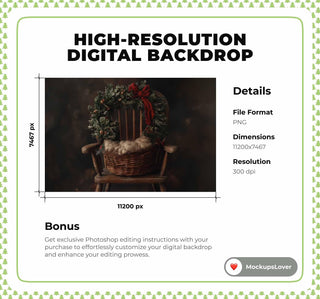 Rustic Newborn Digital Backdrop, Christmas Wreath, Holiday Studio Background, Wooden Bowl, Baby Portrait Prop, Photoshop & Canva Template
