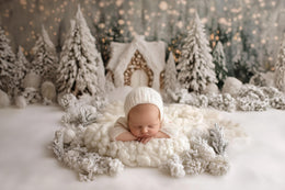 newborn baby in winter wonderland christmas portrait with digital backdrop for photoshop and canva