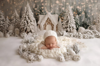 newborn baby in winter wonderland christmas portrait with digital backdrop for photoshop and canva