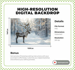 Winter Forest Reindeer Digital Photography Background, Winter Wonderland, Christmas Woodland Animals, Holiday Backdrop, Photoshop Template
