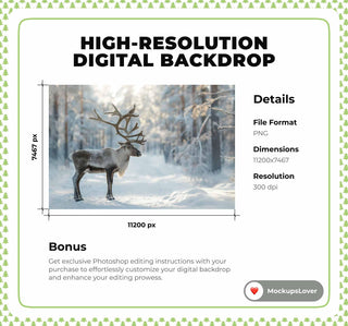 Winter Forest Reindeer Digital Photography Background, Winter Wonderland, Christmas Woodland Animals, Holiday Backdrop, Photoshop Template